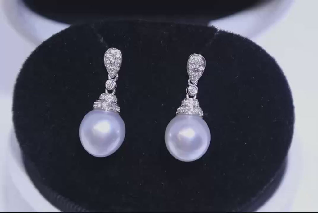 18K White Gold Diamond-Set 9mm Australian South Sea Pearl Stud Earrings